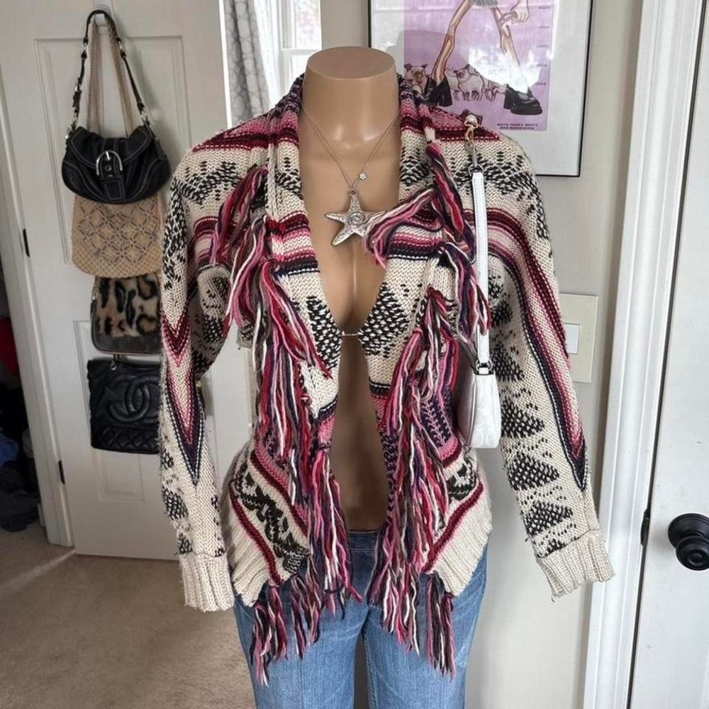 Y2K 2000s American eagle outfitters Boho Fringe Tribal Knit Cardigan